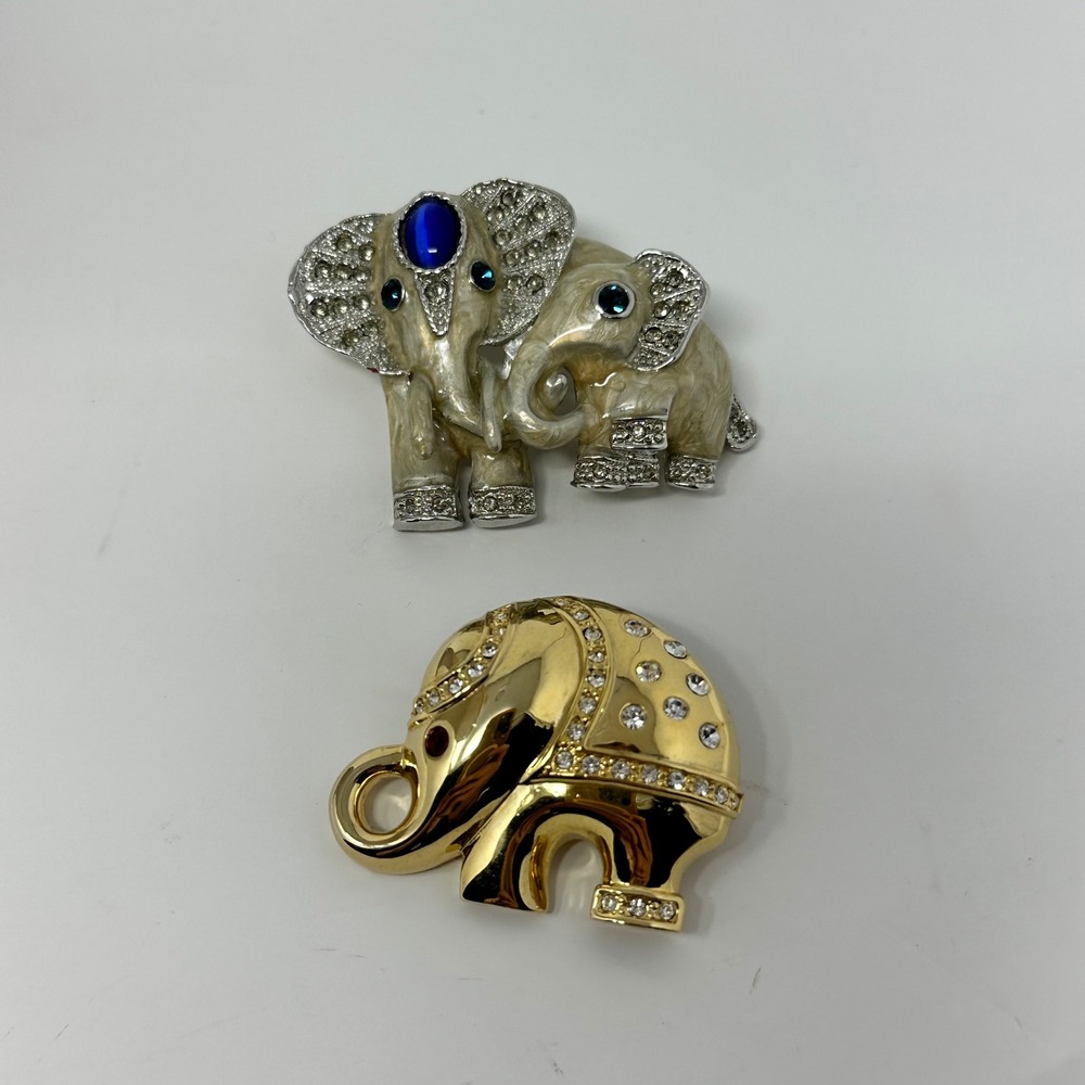 Set of Two Rhinestone Elephant Brooches Gold Tone Silver Tone Enamel vintage